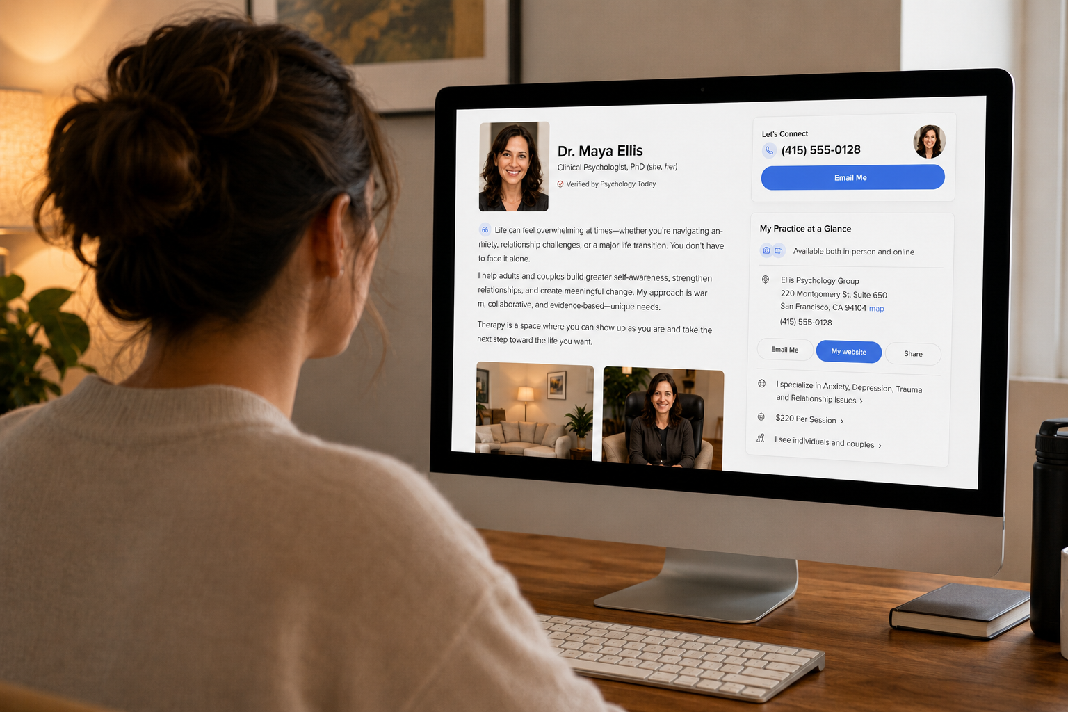 Psychology Today profile shown on a desktop screen