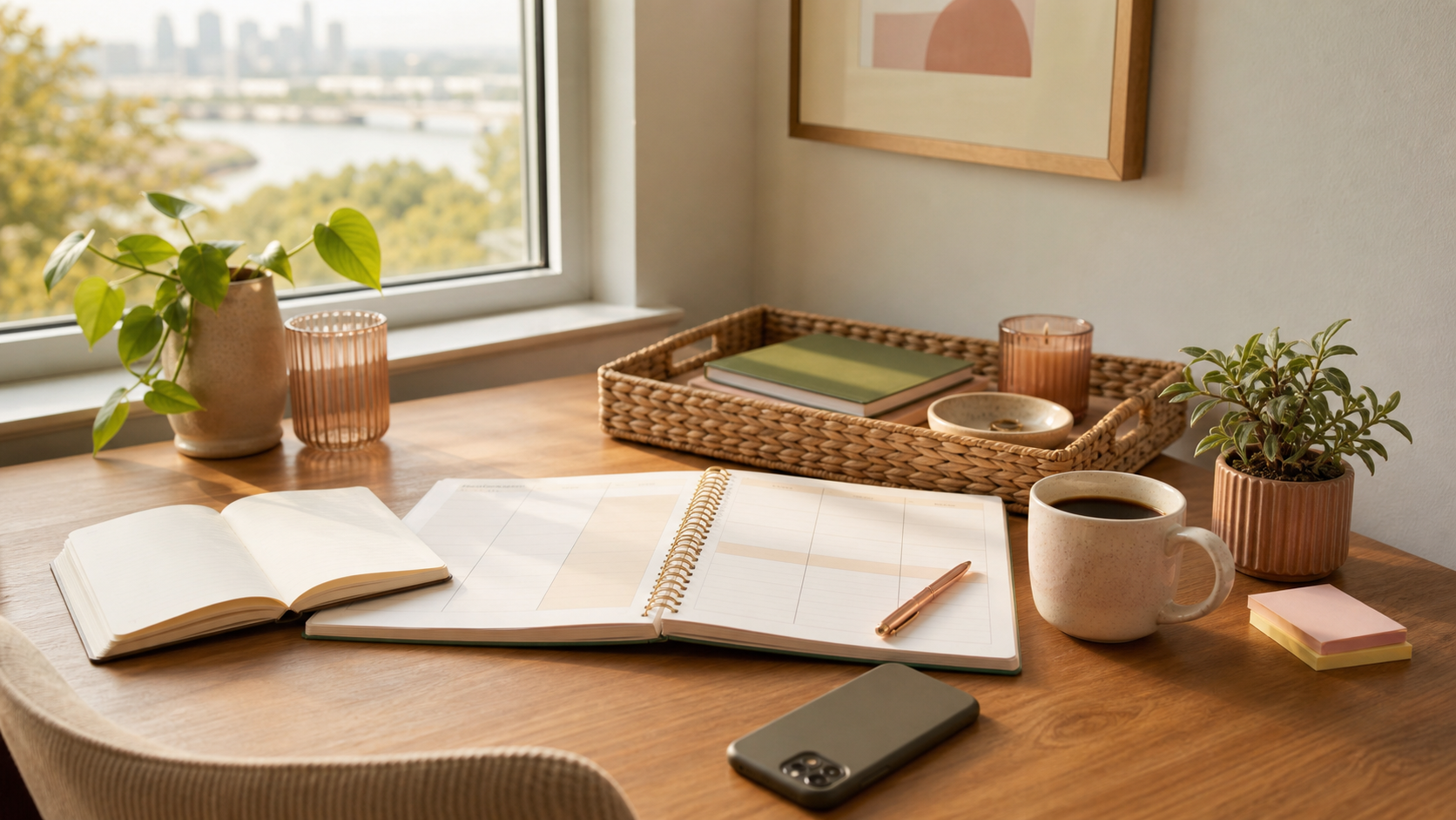 A warm desk with a planner, notebook, coffee, plants, and soft window light